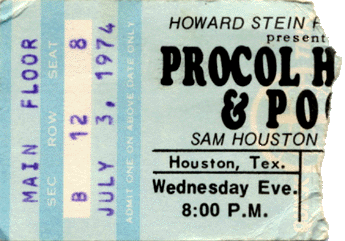 Show ticket for Procol Harum show with Poco and Golden Earring July 03, 1974 Houston - Sam Houston Coliseum